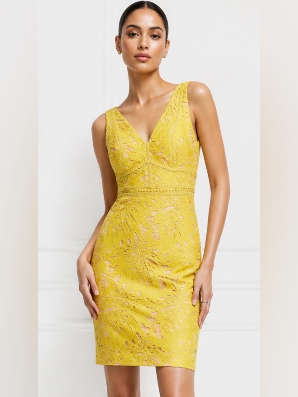 MAEVE Anthropologie Gardenia Lace Overlay Dress Sleeveless Column V Neck Yellow